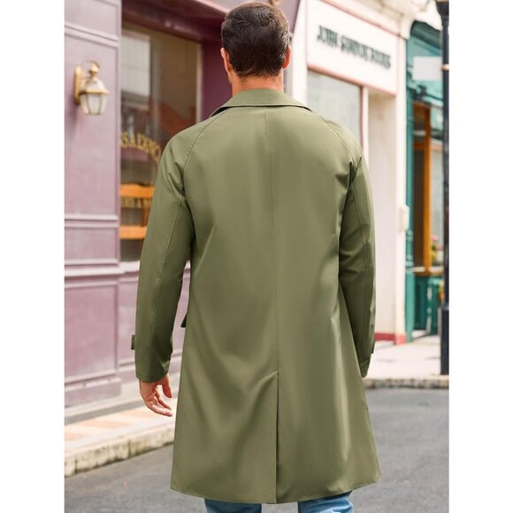 Men's Green Slim-Fit Single-Breasted Trench Coat Long Windbreaker Overcoat - Picture 3 of 5